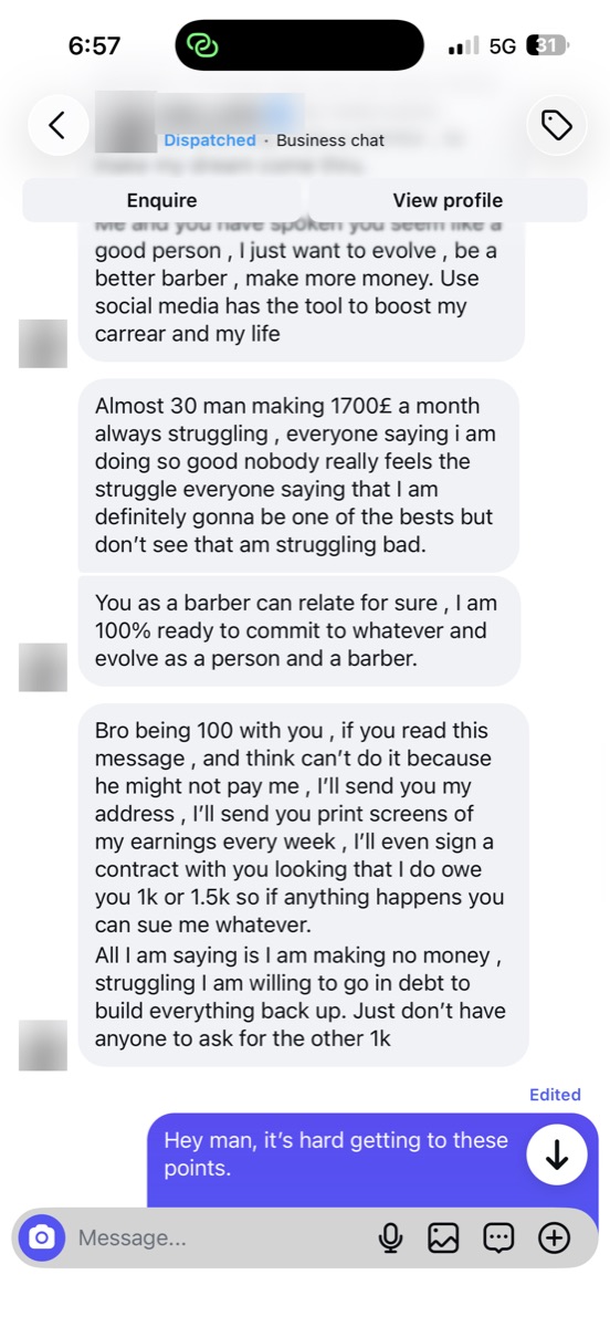 A real message thread, identity blurred out